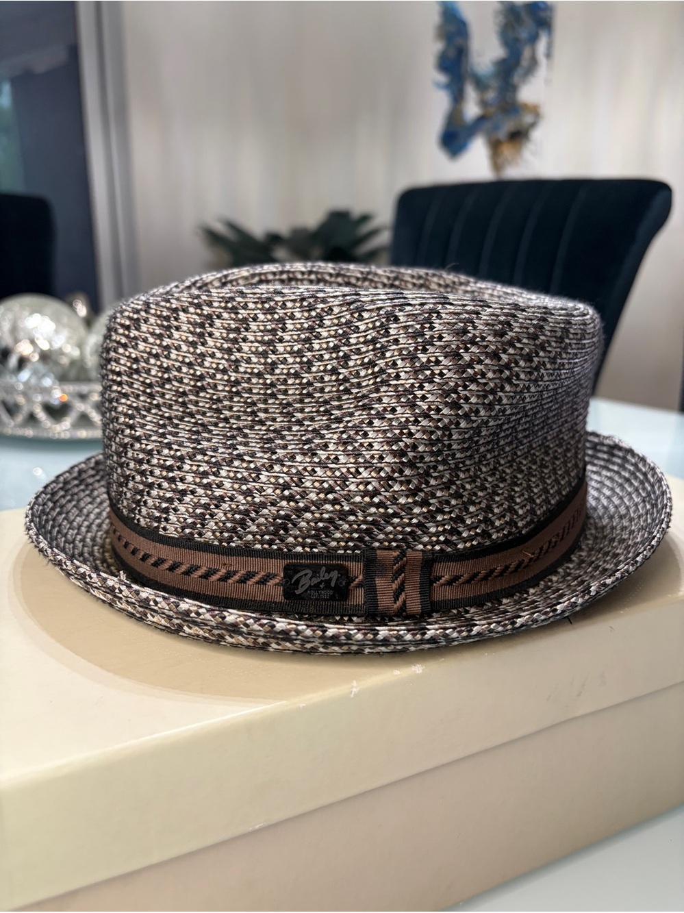 Bailey Of Hollywood Two-Tone Woven Straw Pork Pie Hat in Brown and Black
